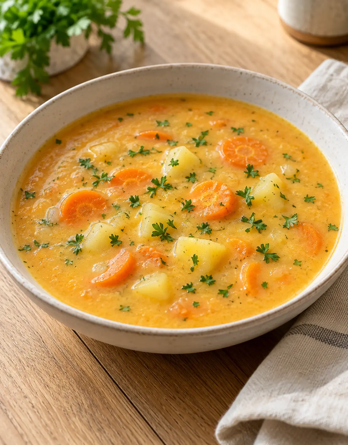 Kartoffel-Möhren-Suppe mit Gemüsestücken und Petersilie – KI-generierter Serviervorschlag