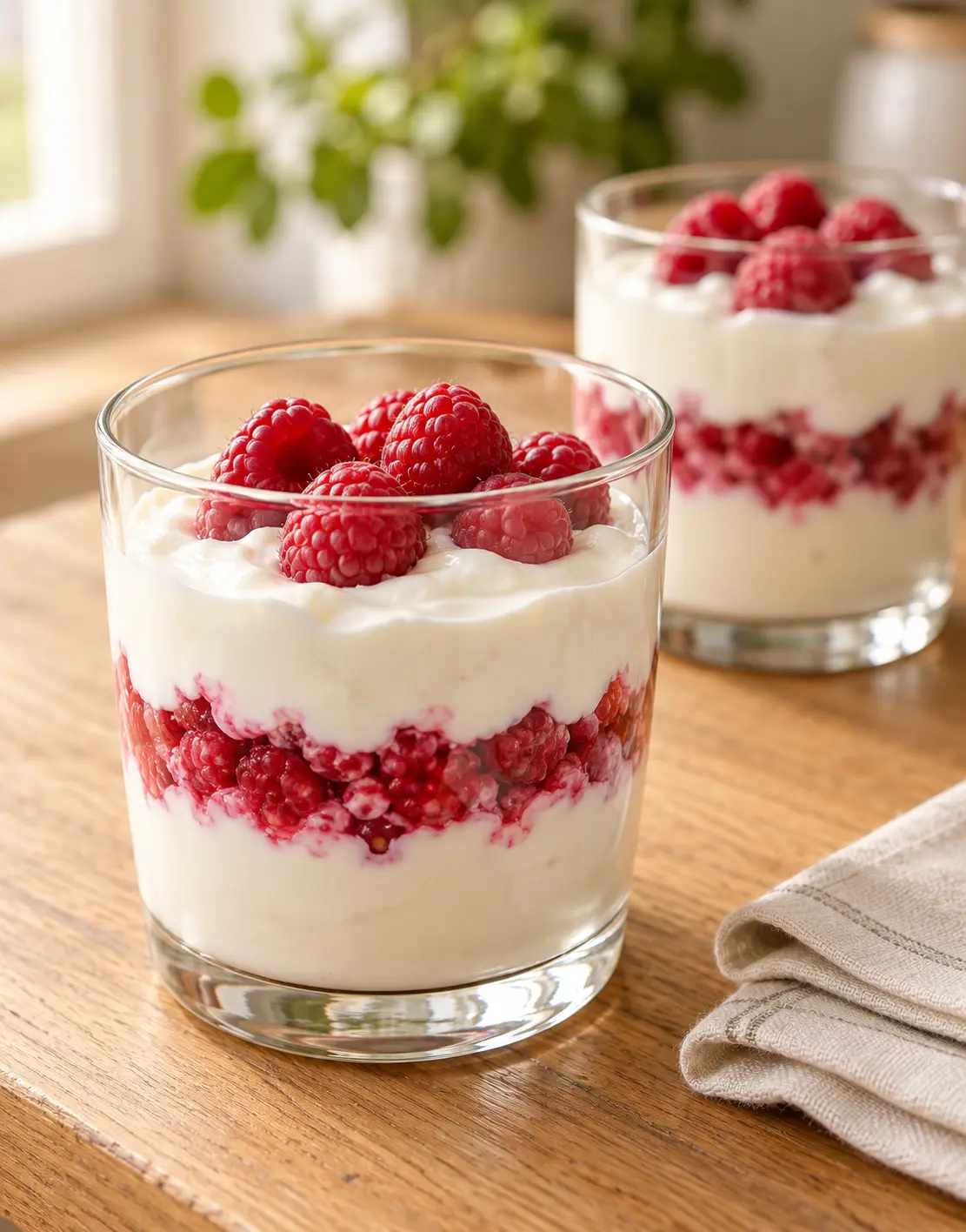 Quarkdessert mit Himbeeren in klaren Gläsern – KI-generierter Serviervorschlag