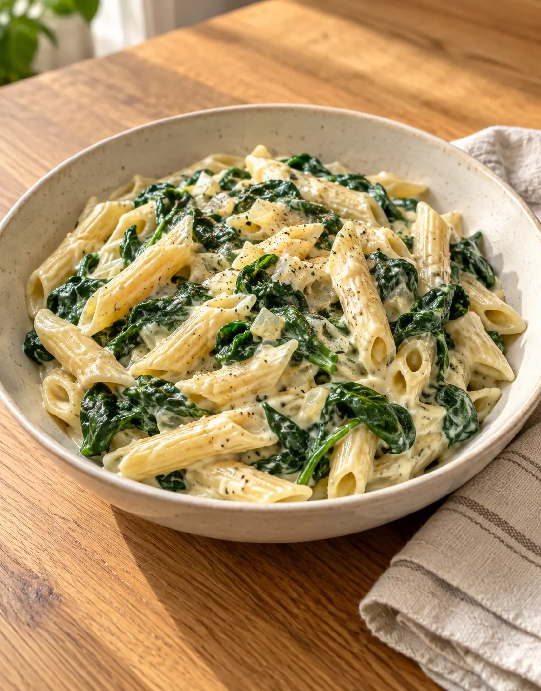Penne mit Spinat und heller Frischkäsesauce in einer Schale – KI-generierter Serviervorschlag